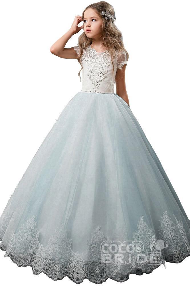 Long Scoop Neck Tulle Lace Ball Gown Flower Girl Dress