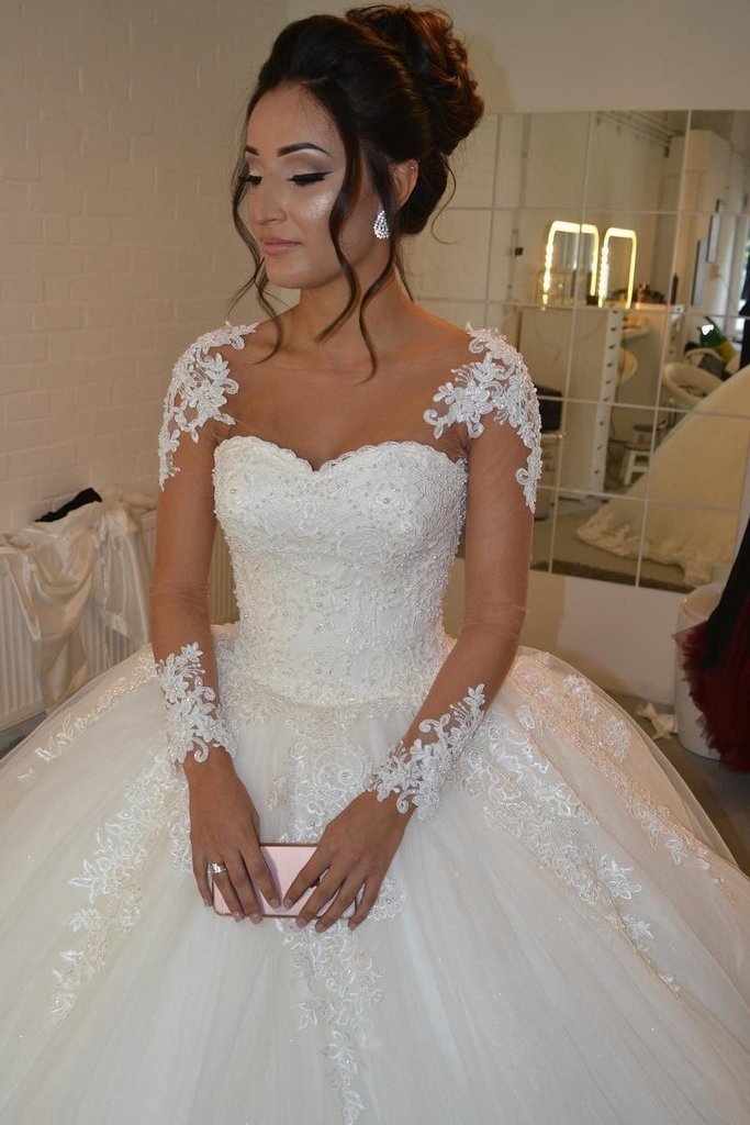 Pretty Long Sleeves Ball Gown Sweetheart Tulle Lace Appliques Wedding Dress