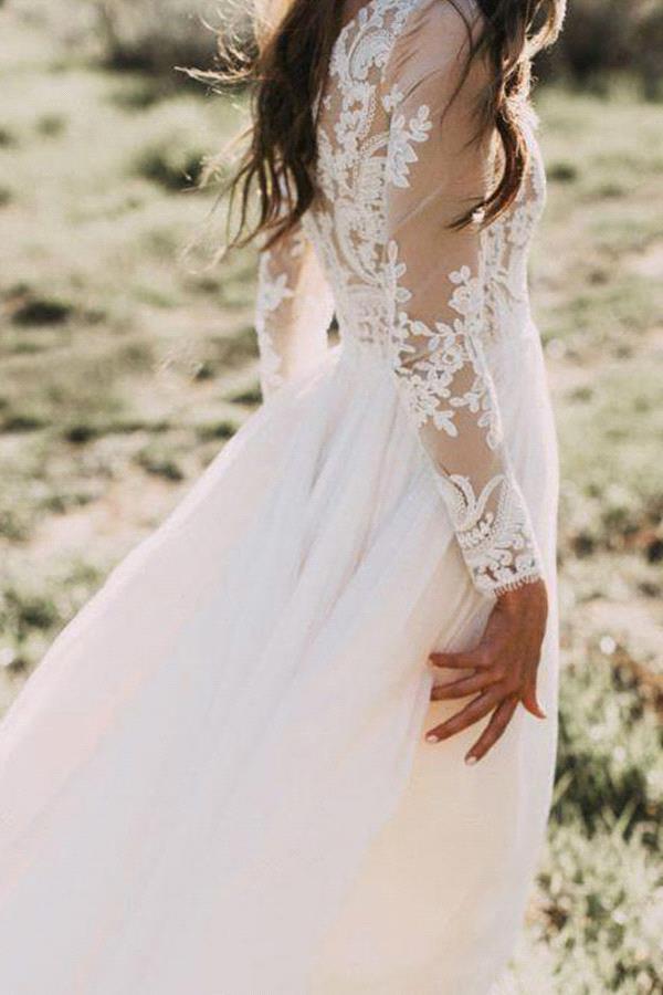 Long Appliques Lace Chiffon A-line Wedding Dress with Long Sleeves