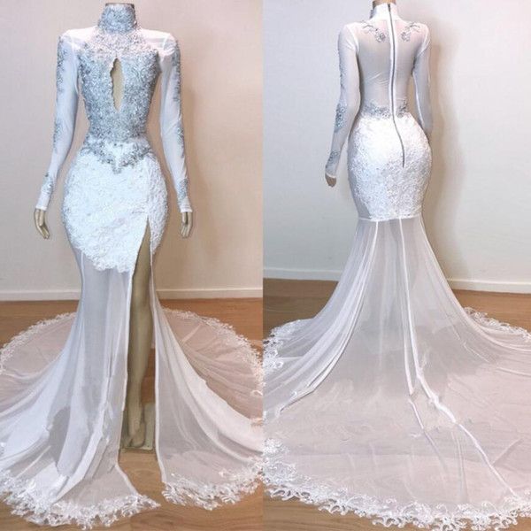 White Long Sleeves Mermaid High Neck Lace Prom Dresses with Slit