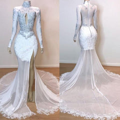 White Long Sleeves Mermaid High Neck Lace Prom Dresses with Slit
