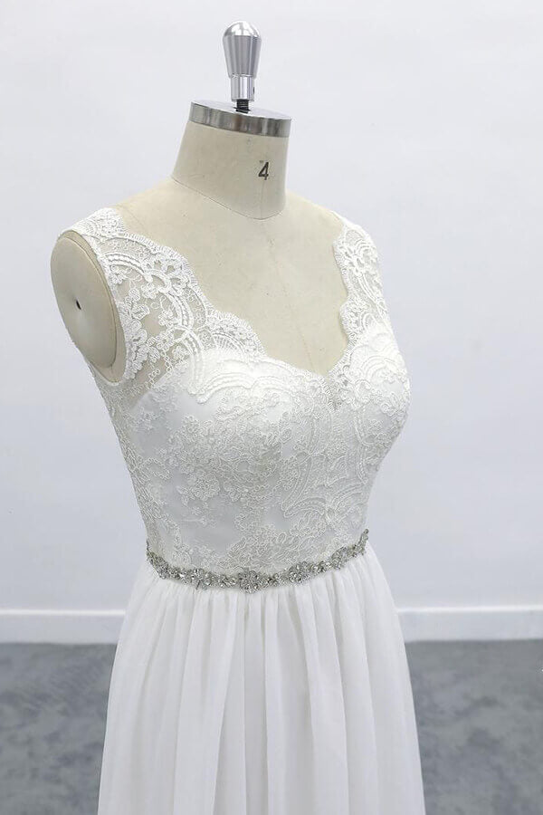 Elegant Long V-neck A-line Lace Chiffon Backless Wedding Dress