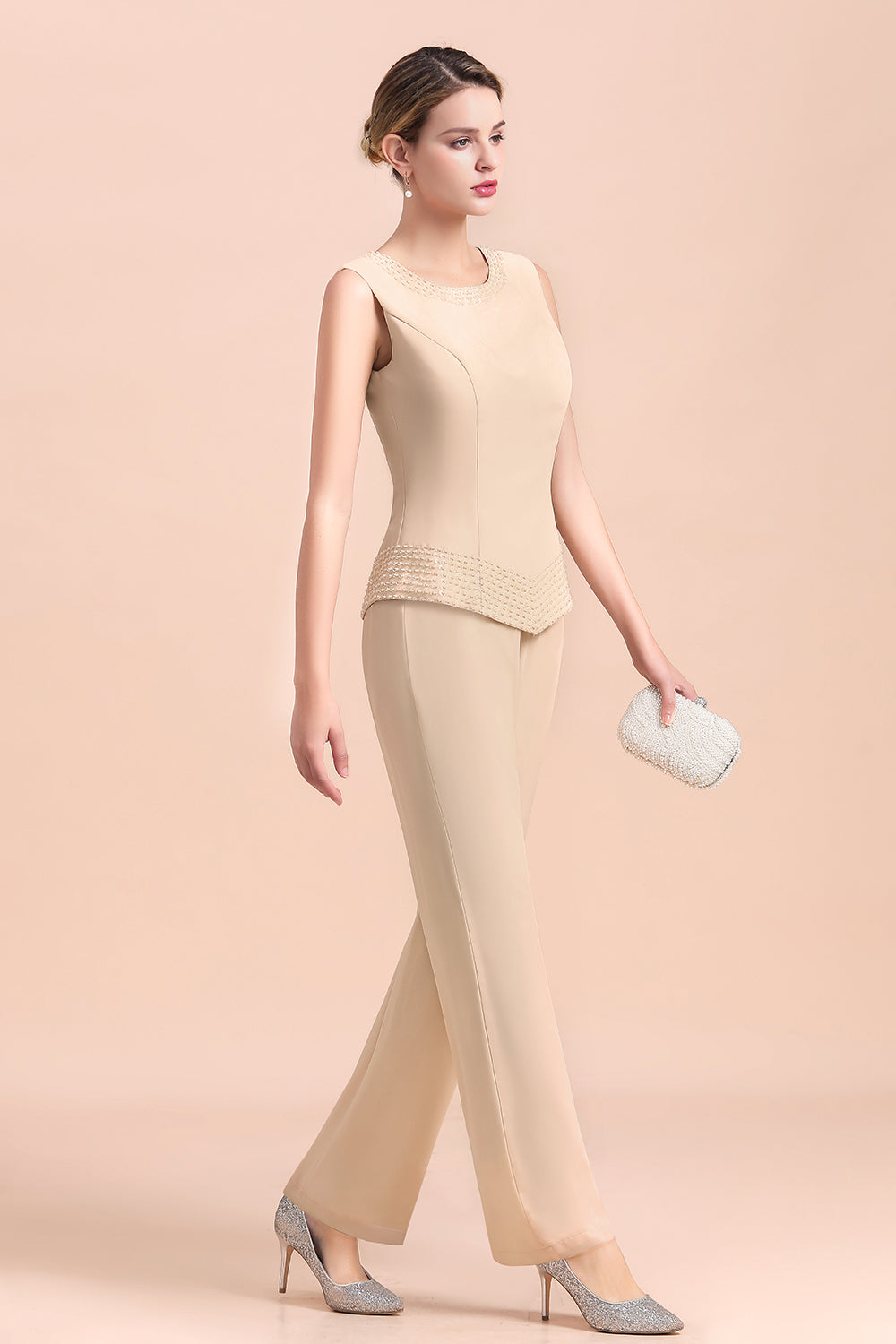 Two Pieces Champagne Long Sleeve Chiffon Mother of the Bride Dress With Jacket