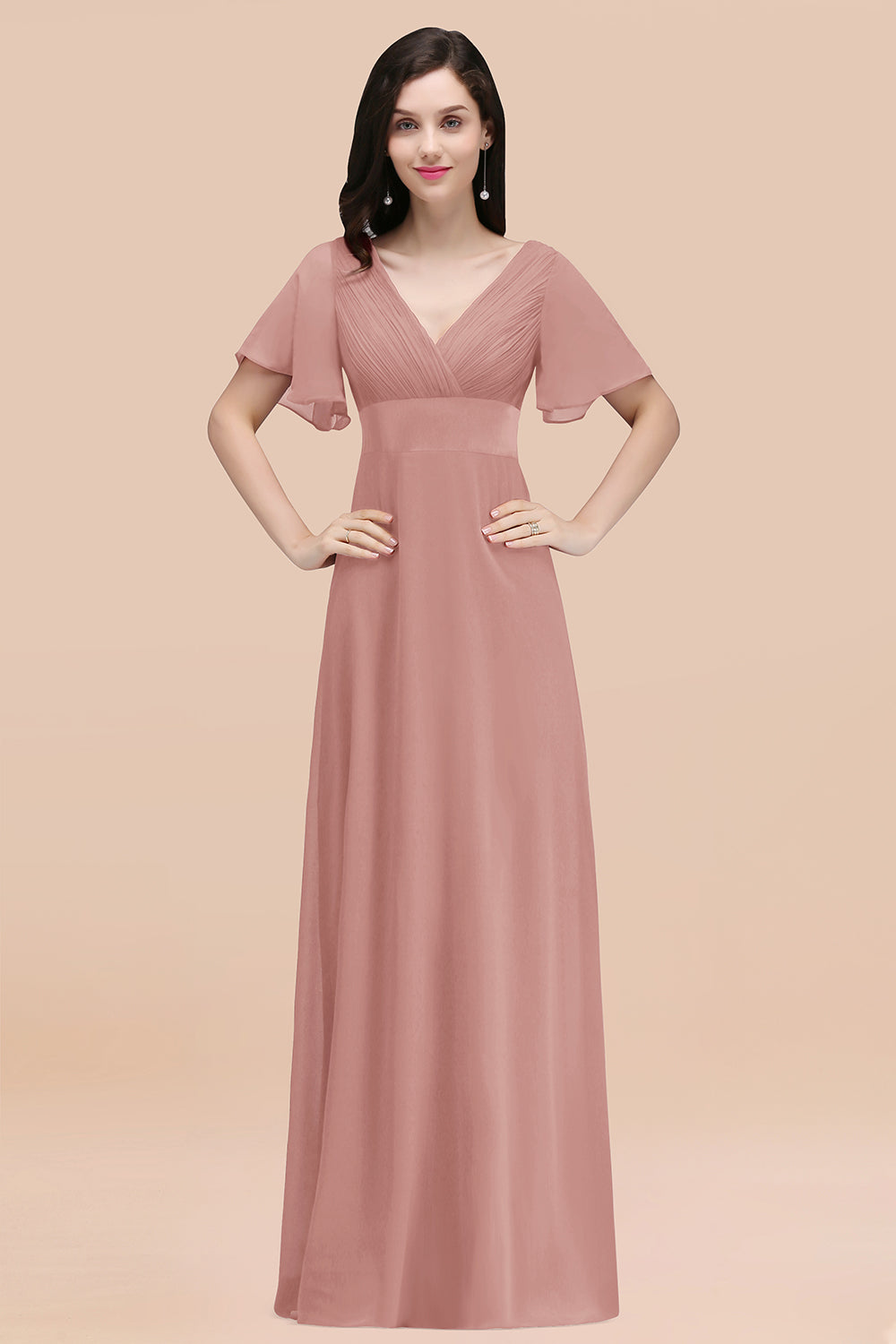 Simple A-Line Chiffon V-Neck Short Sleeves Ruffles Floor Length Bridesmaid Dresses