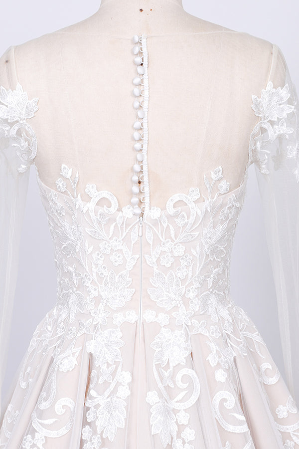 Long Sleeve Sweetheart Appliques Lace Tulle A-line Wedding Dress