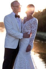 Long Sleeve Lace V-Neck Mermaid Wedding Dress with Open Back