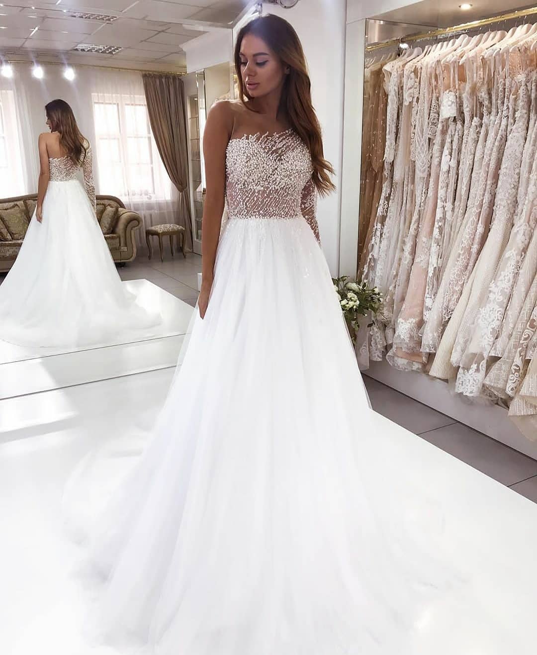 Beautiful A-Line Bateau Long Sleeve Lace Floor Length Wedding Dress