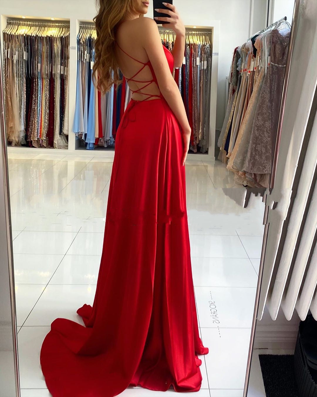 Long A-line V-neck Satin Open Back Prom Dress with Slit