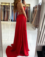 Long A-line V-neck Satin Open Back Prom Dress with Slit