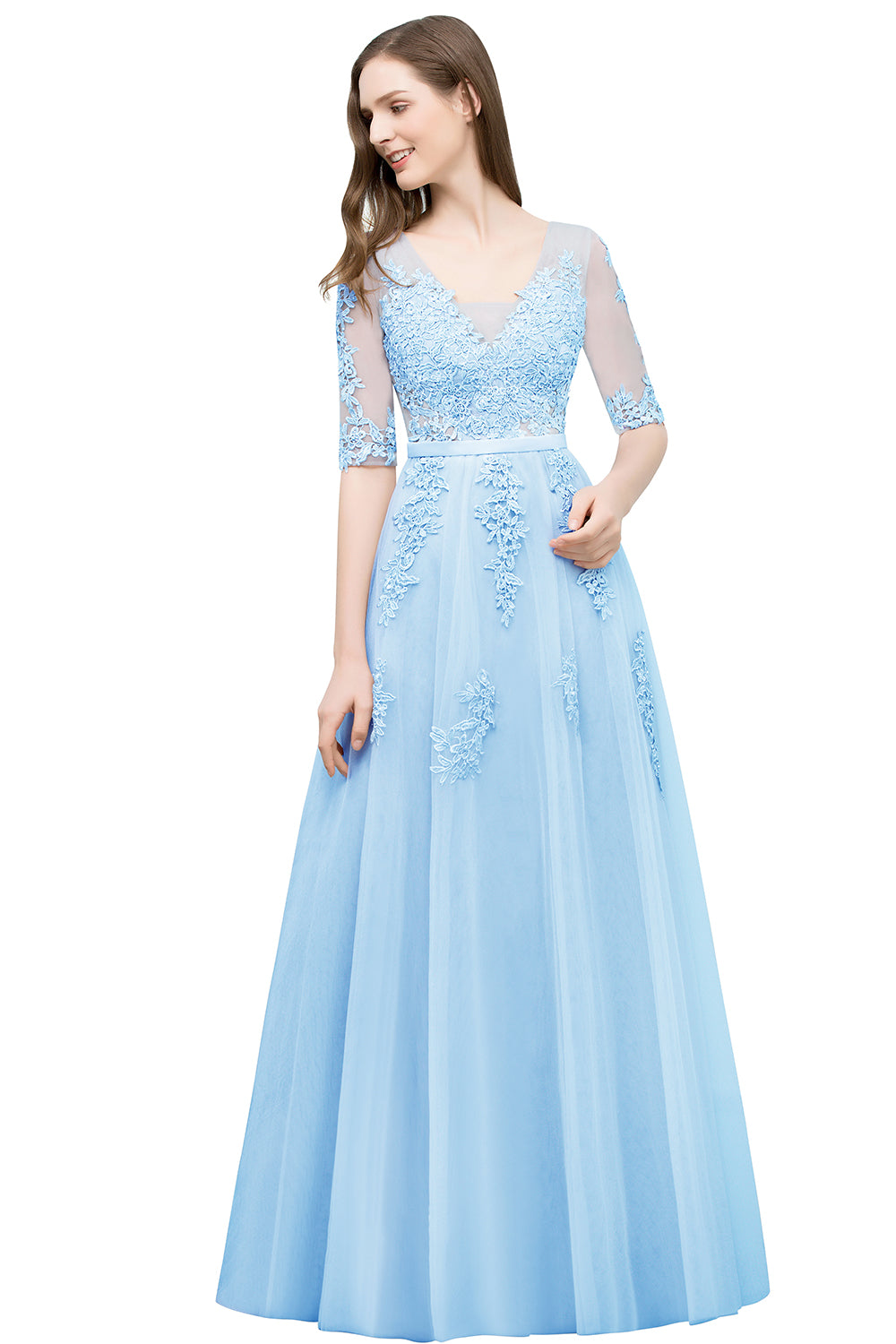 Long V-neck Tulle Lace A-line Evening Dress with Sleeves