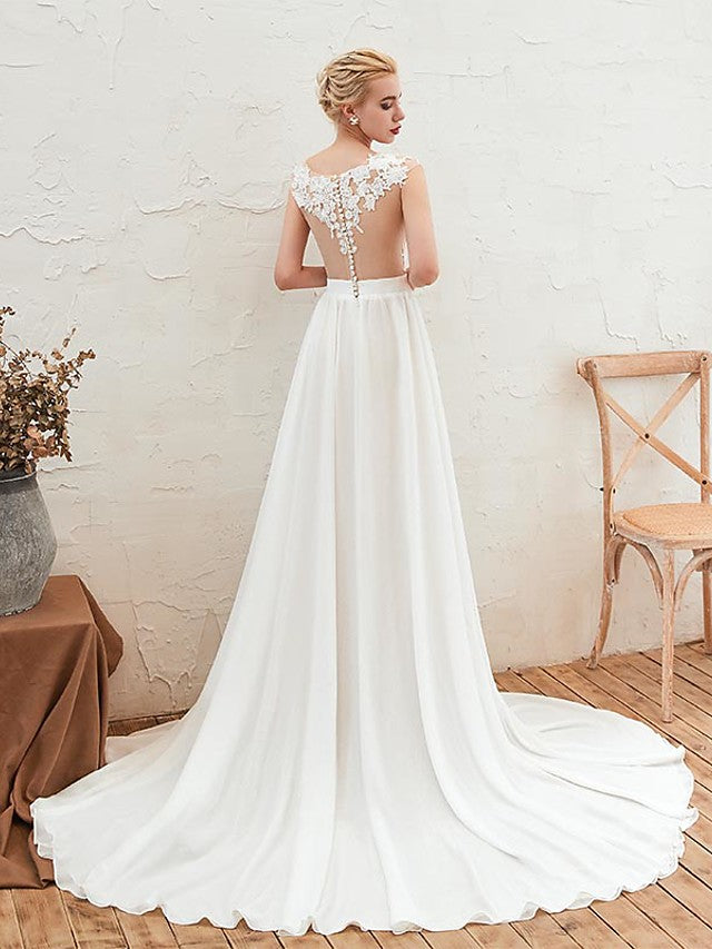 Boho Long A-line Jewel Neck Court Train Chiffon Wedding Dresses with Slit