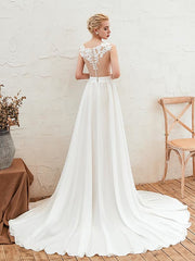 Boho Long A-line Jewel Neck Court Train Chiffon Wedding Dresses with Slit