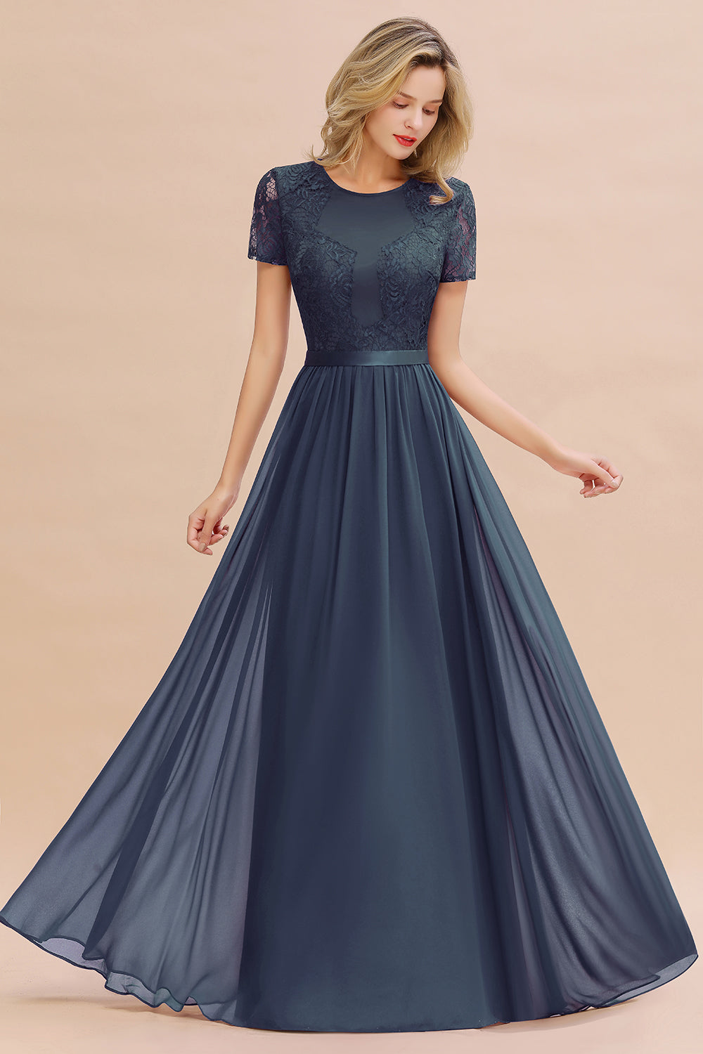 Chiffon Lace Scoop Short Sleeve Bridesmaid Dress