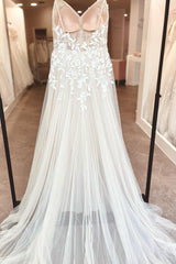 A-Line V-Neck Spaghetti Straps Tulle Long Front Split Wedding Dress with Applique