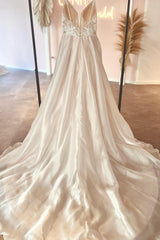 Gorgeous Long A-line V-neck Satin Lace Backless Wedding Dresses