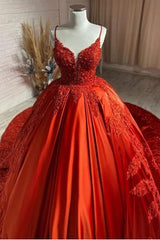 Long Red Sweetheart Spaghetti Straps Backless Appliques Lace Satin Ball Gown Wedding Dress