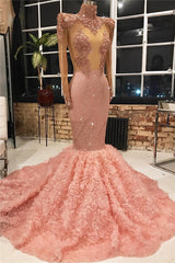 Long High Neck Appliques Lace Mermaid Prom Dress with Sleeves