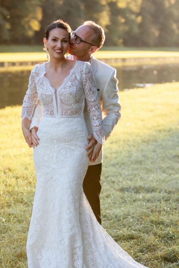 Long Sleeve Lace V-Neck Mermaid Wedding Dress with Open Back