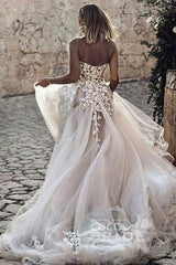 Boho Long A-line Sweetheart Tulle Appliques Lace Wedding Dress