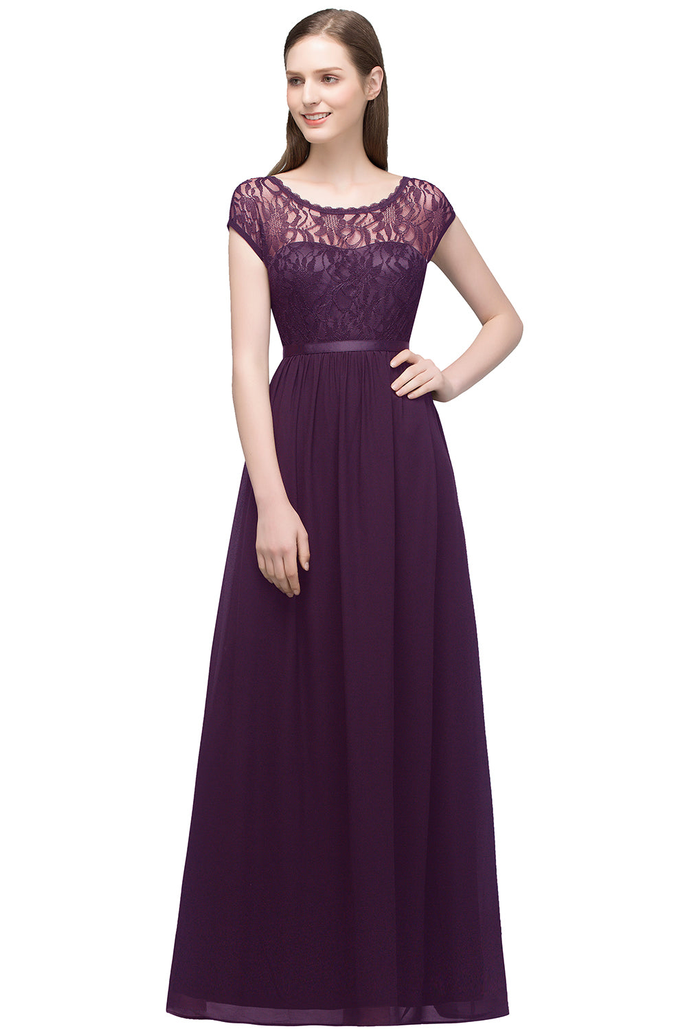 A-line Floor Length Short Sleeves Lace Bridesmaid Dresses with Sash