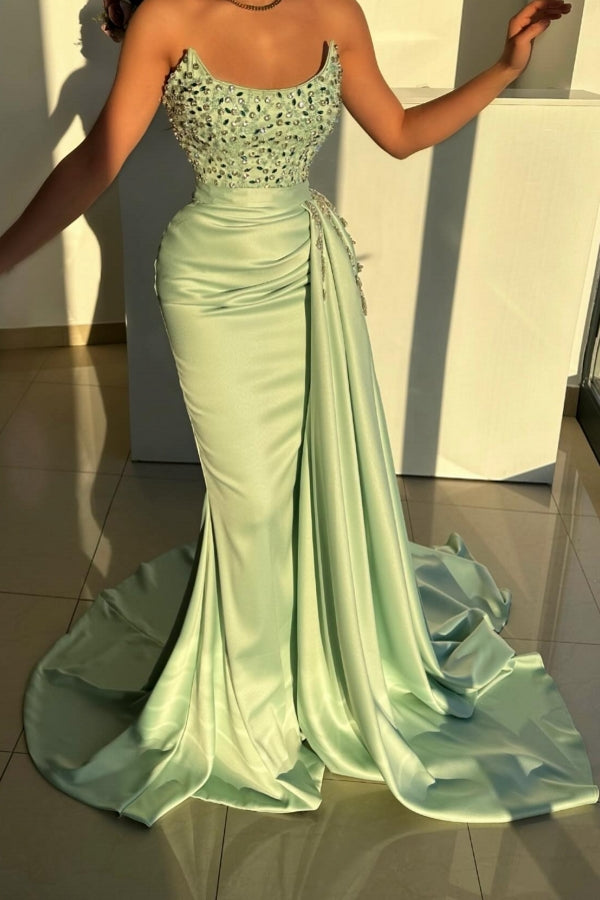 Long Strapless Satin Floor Length Mermaid Prom Dress with Beads