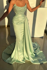 Long Strapless Satin Floor Length Mermaid Prom Dress with Beads