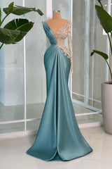 Long Sleeve V-neck Satin Mermaid Floor Length Prom Dress with Beaded