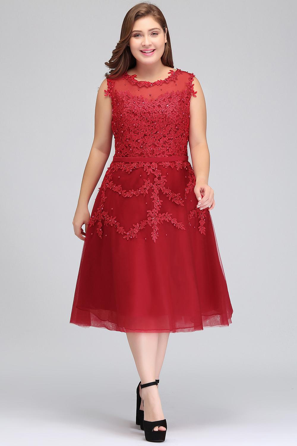 Short A-line Sleeveless Crew Neck Tulle Lace Formal Dress
