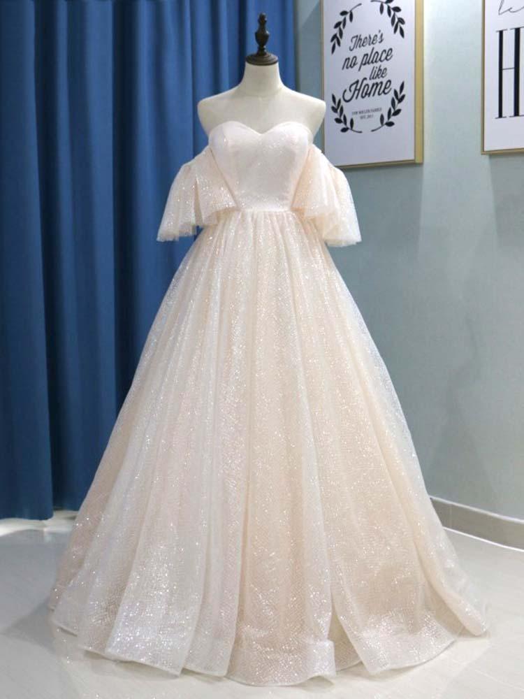 Long Off the Shoulder Half Sleeves Tulle Ball Gown Wedding Dresses