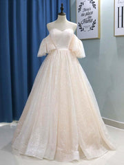 Long Off the Shoulder Half Sleeves Tulle Ball Gown Wedding Dresses