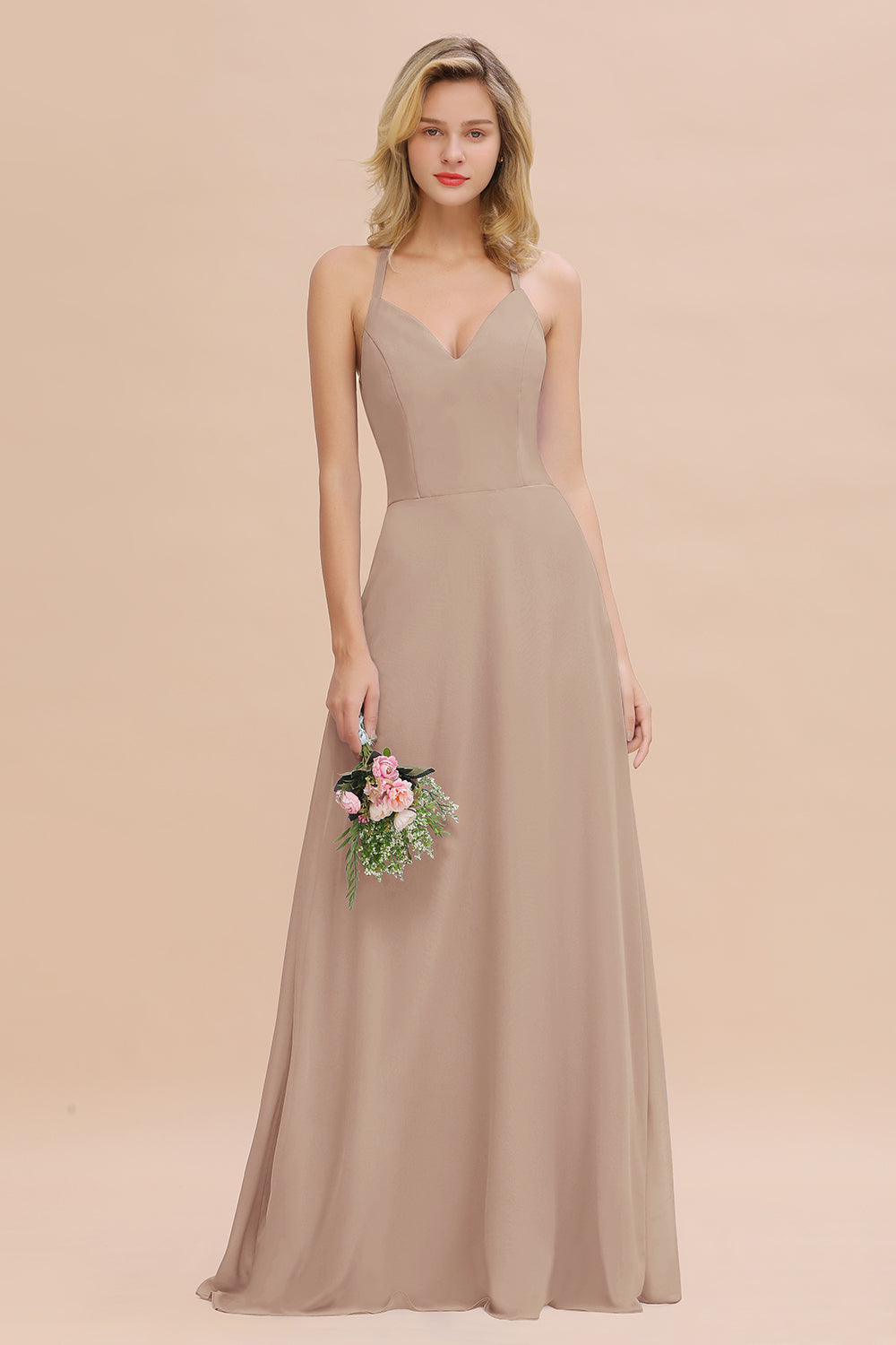 Stylish Chiffon Spaghetti Straps Sleeveless Long Bridesmaid Dress