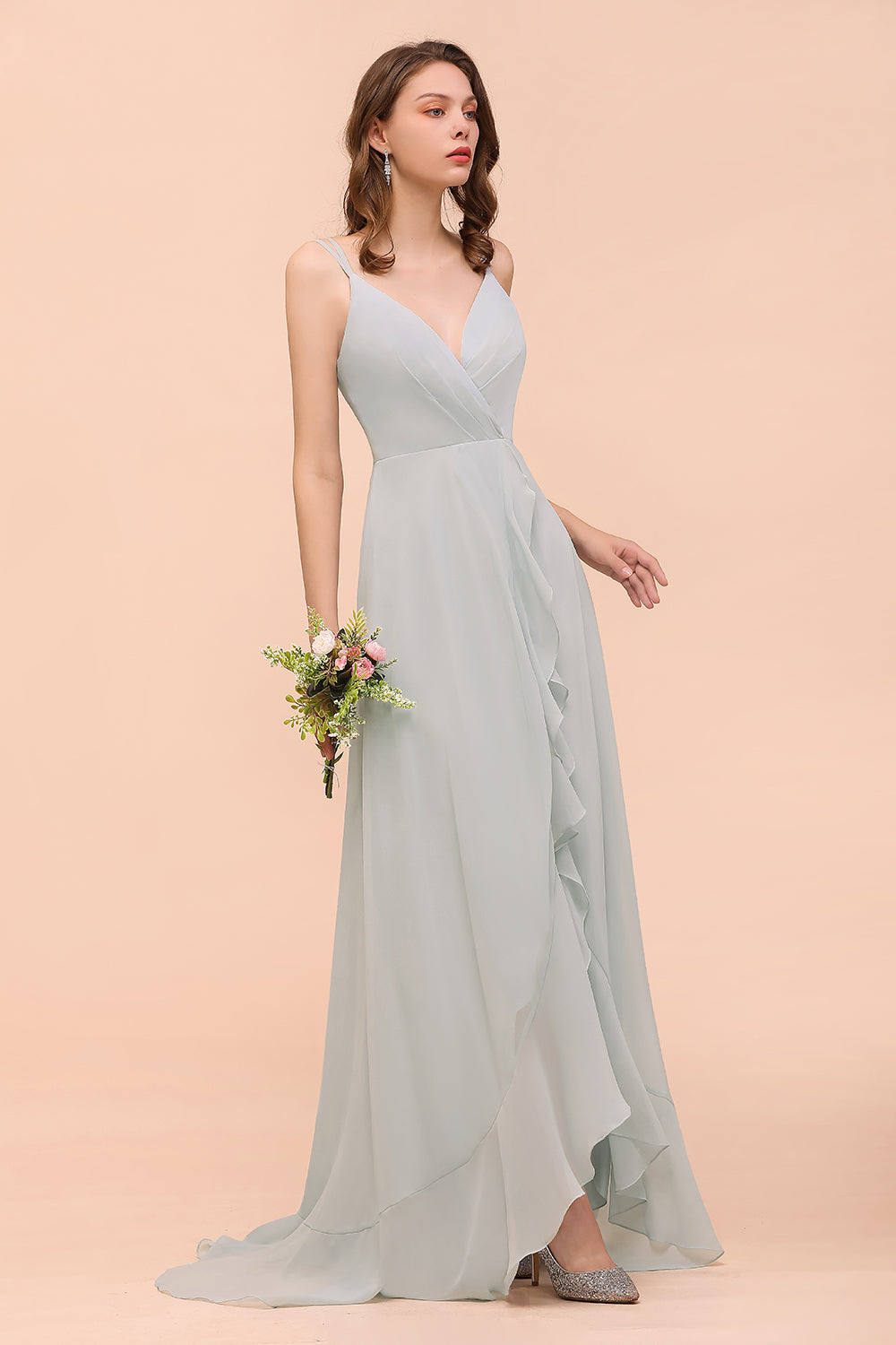 Long A-line V-neck Ruffle Chiffon Bridesmaid Dress