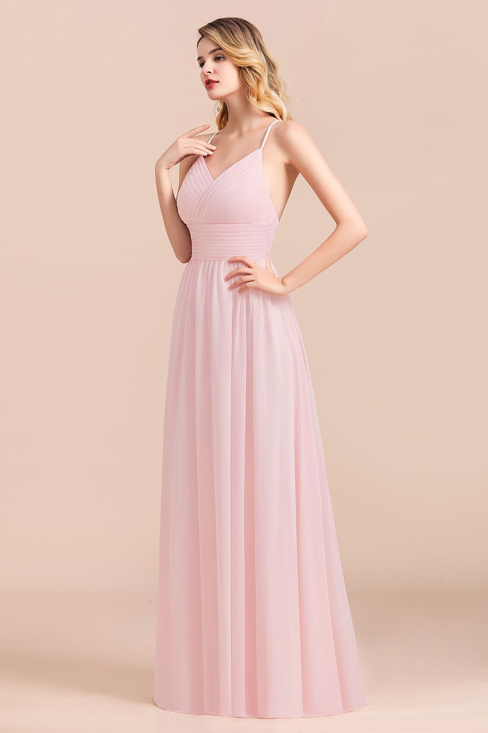 Vintage Spaghetti Straps Chiffon Bridesmaid Dress A-Line V-neck Evening Dress