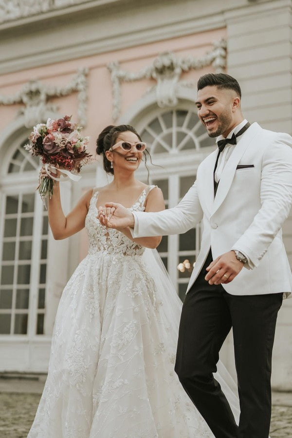 Simple Long A-line Sweetheart Lace Tulle Backless Wedding Dresses
