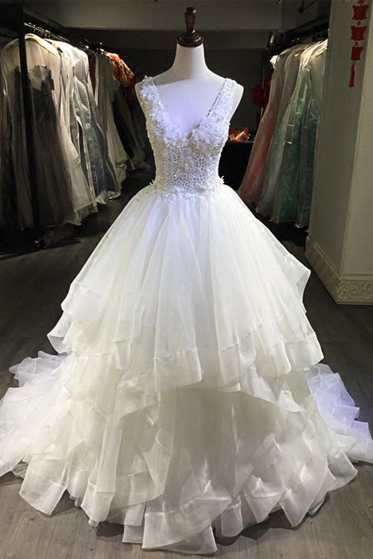 White A-line V-neck Lace Open Back Long Layered Wedding Dress