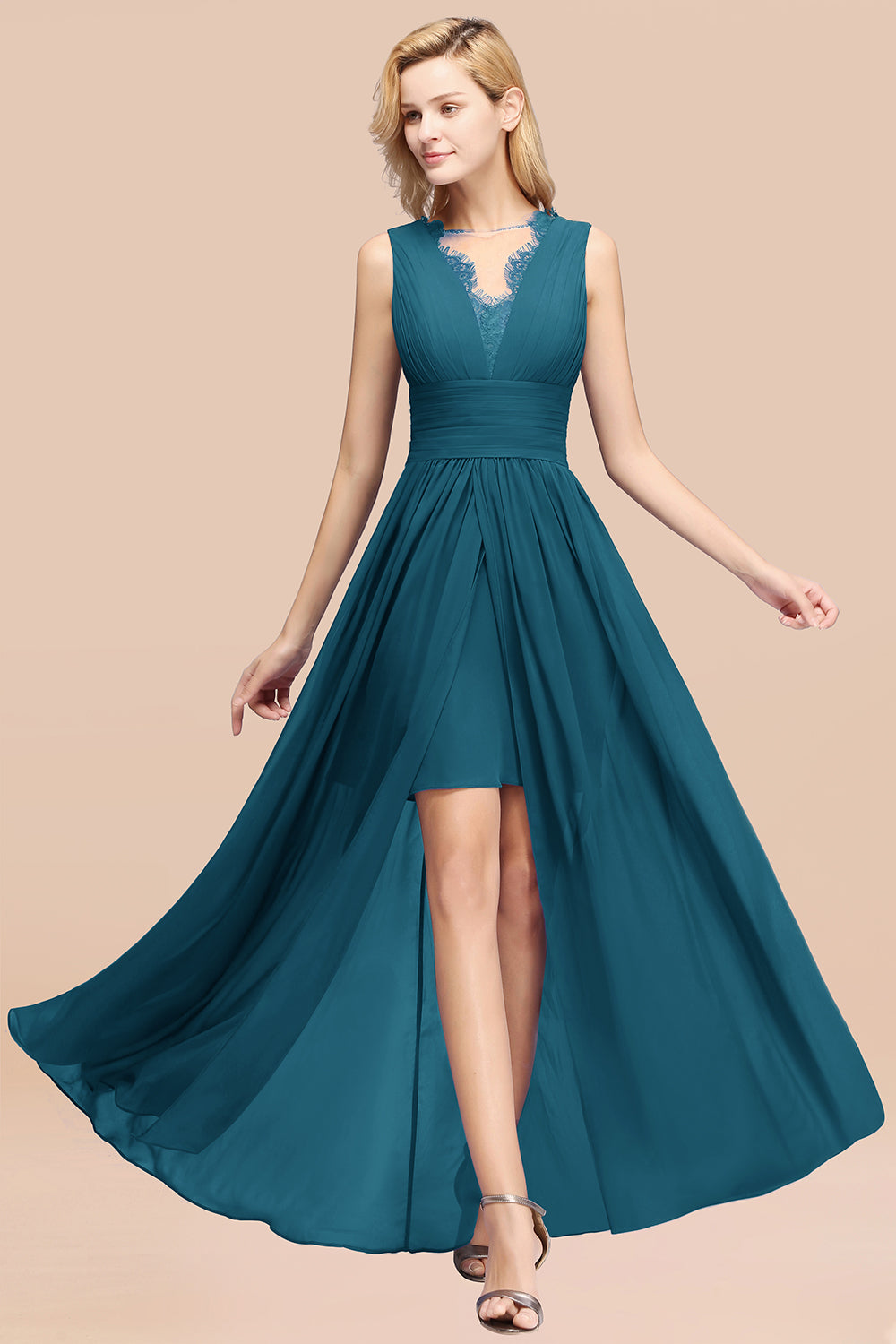 Lace Chiffon Jewel Sleeveless Ruffles Short Bridesmaid Dress