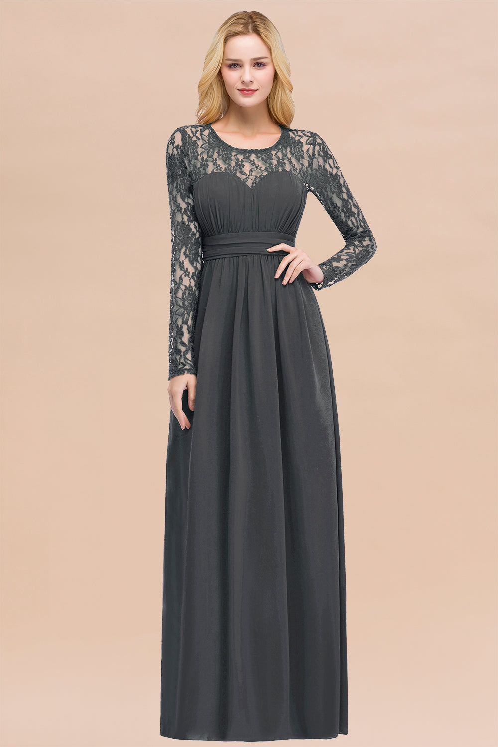 Elegant A-Line Chiffon Jewel Long Sleeves Ruffles Floor Length Bridesmaid Dresses