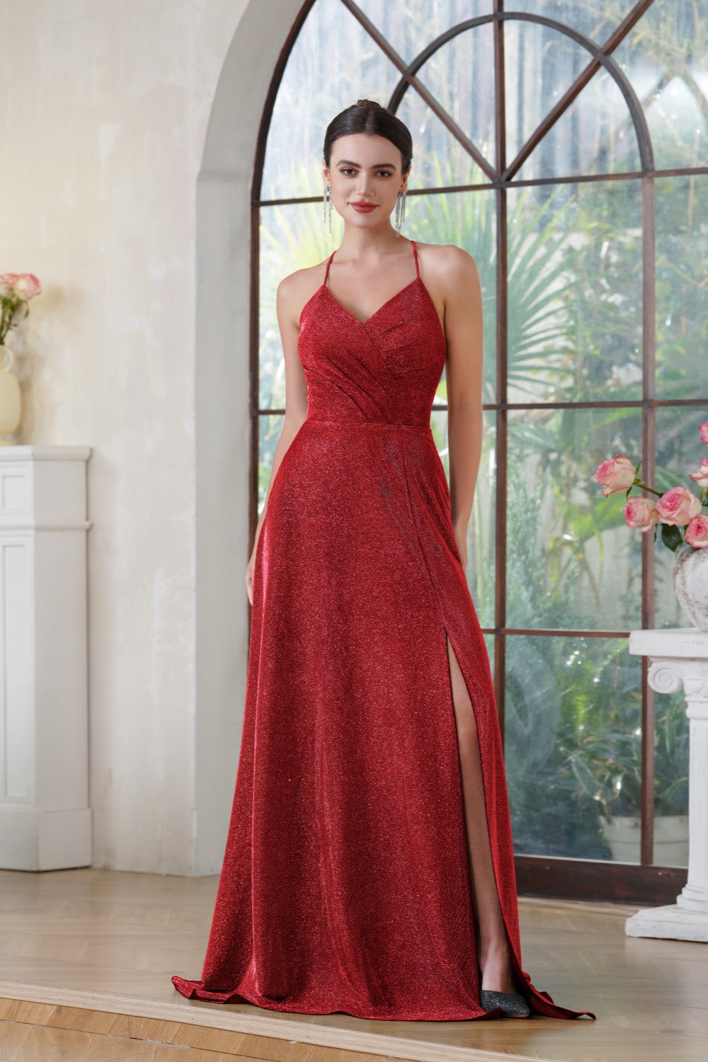 Glitter Long A-line Halter V-Neck Floor Length Side Split Formal Prom Dresses with Pocket