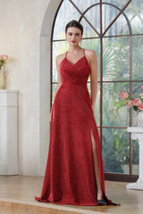 Glitter Long A-line Halter V-Neck Floor Length Side Split Formal Prom Dresses with Pocket