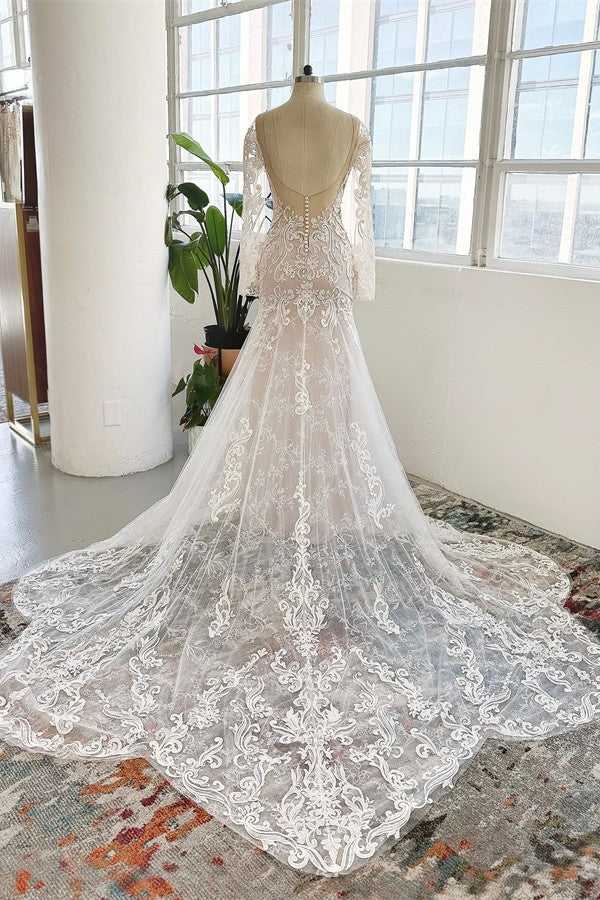 Gorgeous Long Mermaid Jewel Tulle Lace Backless Wedding Dresses with Sleeves