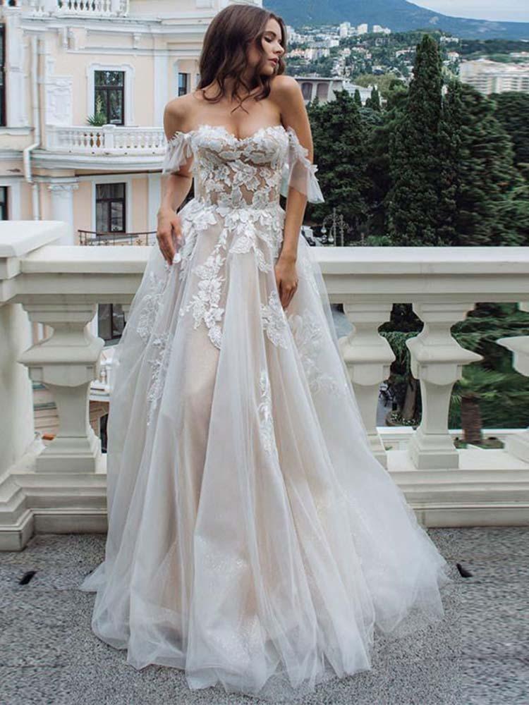 Long Off the Shoulder Lace Tulle A-Line Wedding Dresses
