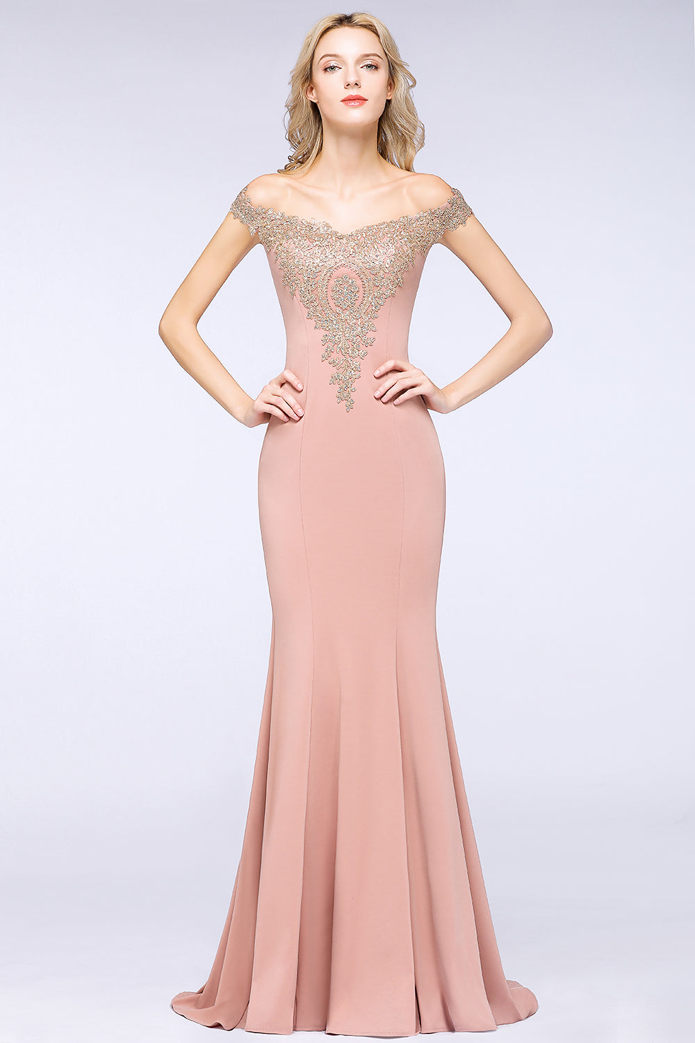 Long Off the Shoulder Mermaid Floor Length Bridesmaid Dress with Lace Appliques