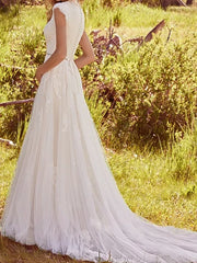 Long A-Line V Neck Lace Tulle Straps Wedding Dresses