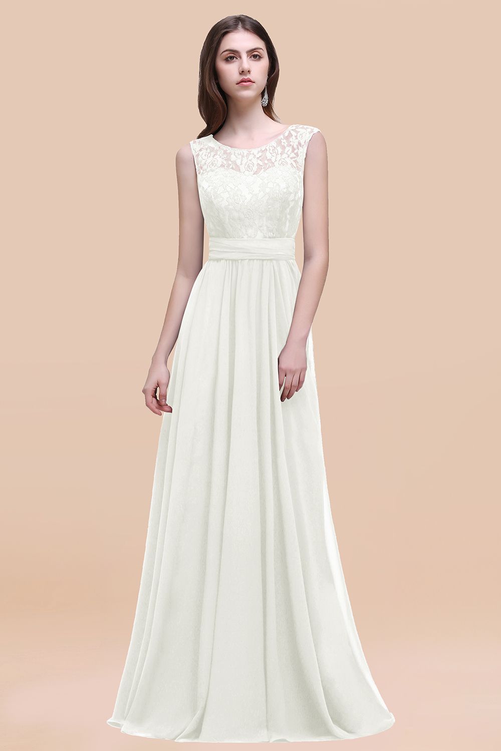 Elegant A-line Chiffon Lace Scoop Sleeveless Floor Length Bridesmaid Dress