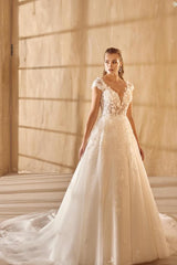 Elegant A-line V-neck Lace Tulle Open Back Long Wedding Dresses with Appliques