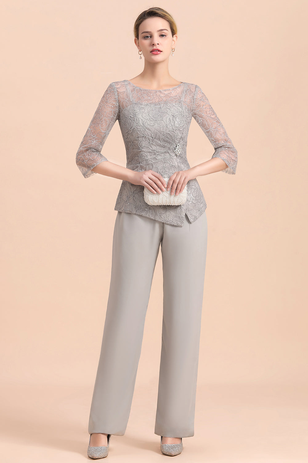 Elegant 3/4 Sleeves Lace Chiffon Jewl Mother of Bride Jumpsuit