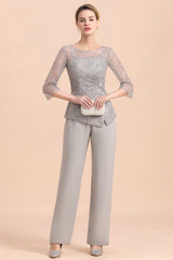 Elegant 3/4 Sleeves Lace Chiffon Jewl Mother of Bride Jumpsuit