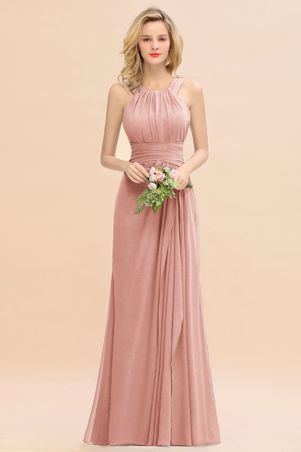 Long A-line Halter Chiffon Backless Floor Length Bridesmaid Dresses