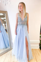 Long V-neck Beading Tulle Open Back A-Line Prom Dress With Split