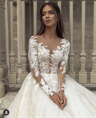 Gorgeous Bateau Long Sleeve Appliques Lace Train A-Line Wedding Dress
